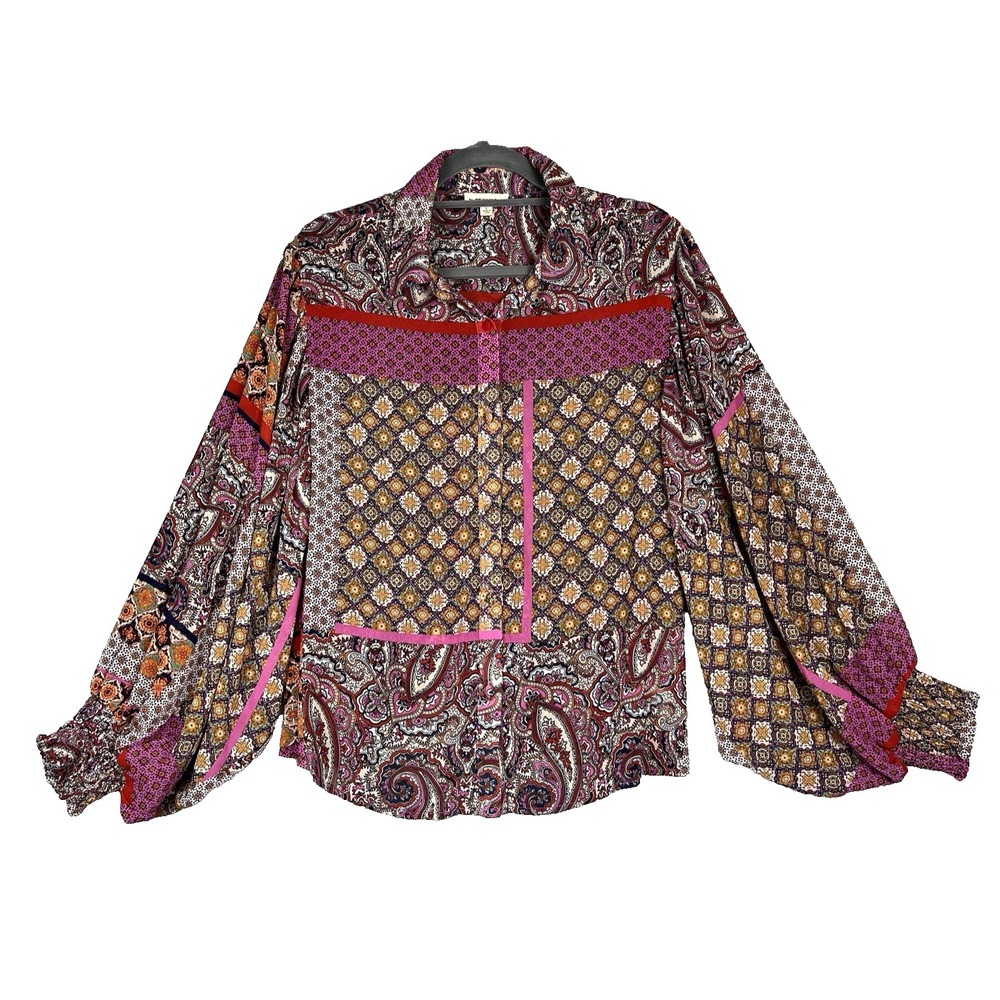 ee:some Blouse‎ Womens Size L Balloon Dolman Sleeves Button up Collar Bohemian